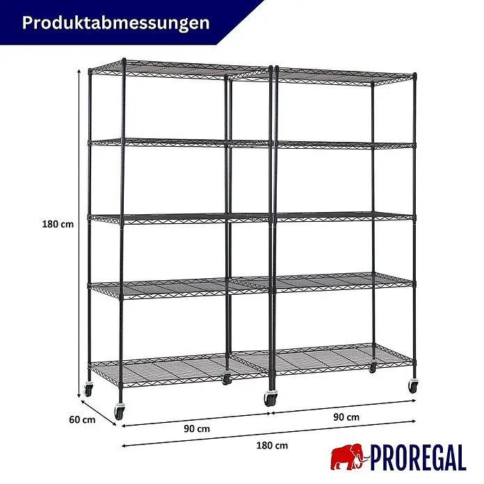 Proregal Metallregal 2er Set Gitterregal HADES mit Rollen - H x B x T: 180 x 90 x 60 cm, Traglast pro Boden: 75 kg, Anzahl Böden: 5 Stk., Stecken, Schwarz - Schwarzes Metallregal mit 5 Drahtböden auf Rollen, 180 cm hoch, 180 cm breit und 60 cm tief.