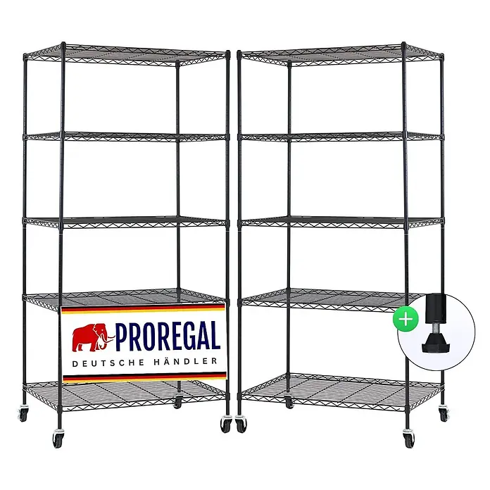 Proregal Metallregal 2er Set Gitterregal HADES mit Rollen - H x B x T: 180 x 90 x 60 cm, Traglast pro Boden: 75 kg, Anzahl Böden: 5 Stk., Stecken, Schwarz - Zwei schwarze Drahtregaleinheiten, jede mit 5 verstellbaren Ablagen, gezeigt mit Rollen und optionalen Nivellierfüßen.