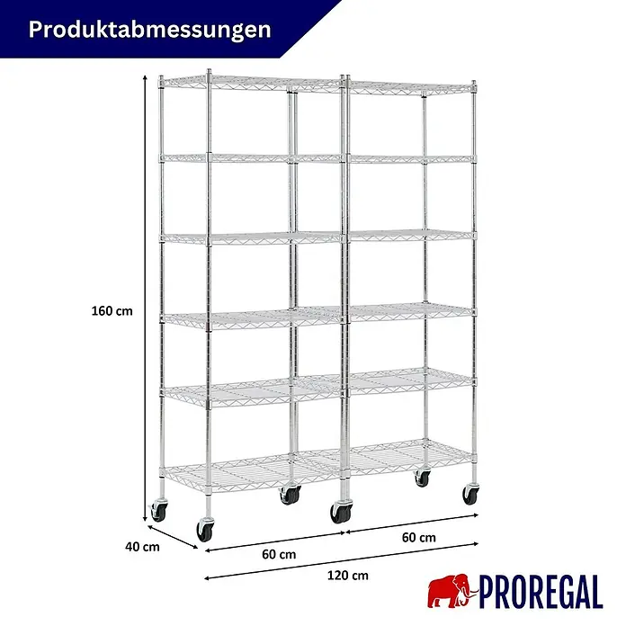 Proregal Metallregal 2er Set Gitterregal HADES mit Rollen - H x B x T: 160 x 60 x 40 cm, Traglast pro Boden: 75 kg, Anzahl Böden: 6 Stk., Stecken, Chrom Silber - Verchromtes Metallregal auf Rollen, 160x120x40 cm.