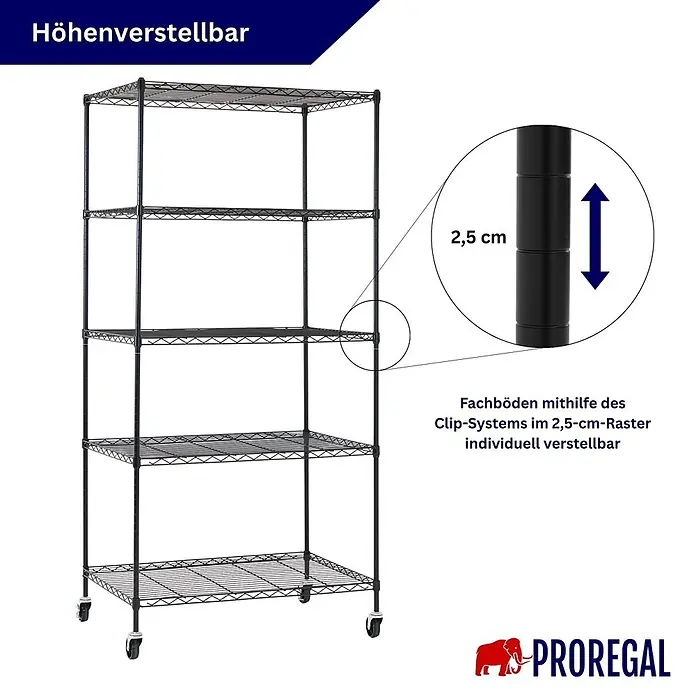 Proregal Metallregal 2er Set Gitterregal HADES mit Rollen - H x B x T: 180 x 90 x 60 cm, Traglast pro Boden: 75 kg, Anzahl Böden: 5 Stk., Stecken, Schwarz - Schwarzes Metallgitterregal auf Rollen mit fünf höhenverstellbaren Einlegeböden.