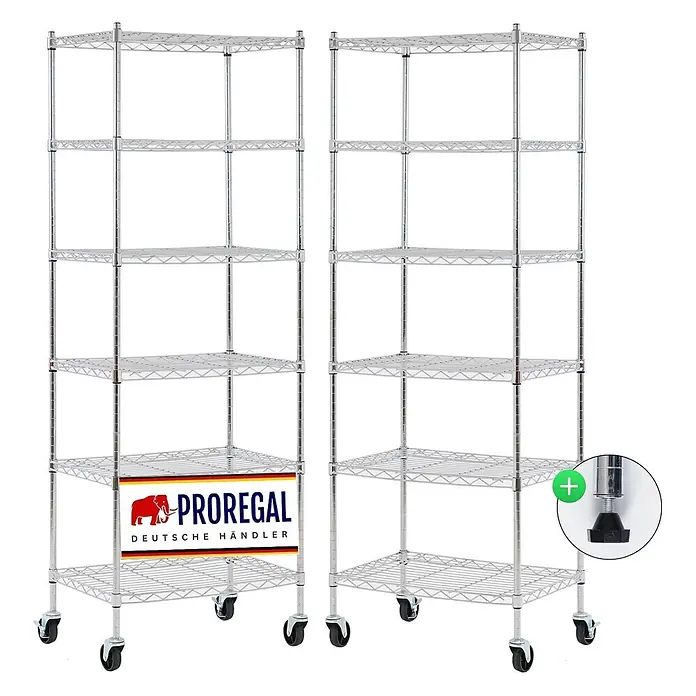 Proregal Metallregal 2er Set Gitterregal HADES mit Rollen - H x B x T: 160 x 60 x 40 cm, Traglast pro Boden: 75 kg, Anzahl Böden: 6 Stk., Stecken, Chrom Silber - Zwei verchromte Drahtregale mit sechs Böden und Rollen. Ein Einsatz zeigt einen verstellbaren Fuß.