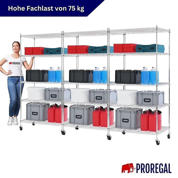 Proregal Metallregal 3er Set Gitterregal HADES mit Rollen - H x B x T: 180 x 90 x 60 cm, Traglast pro Boden: 75 kg, Anzahl Böden: 5 Stk., Stecken, Chrom Silber - Großes verchromtes Drahtregal auf Rollen, mit vier Abschnitten und vier Böden, beladen mit Lagerartikeln und einer Frau zur Größenanzeige. Jeder Boden trägt 75 kg.