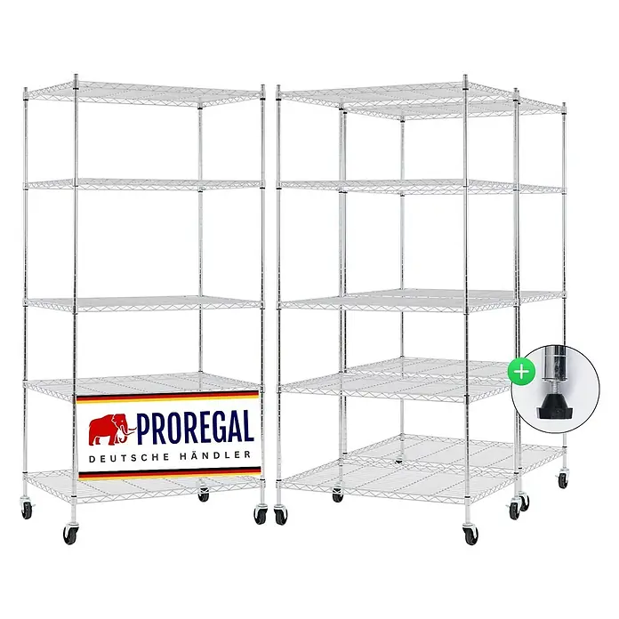 Proregal Metallregal 3er Set Gitterregal HADES mit Rollen - H x B x T: 180 x 90 x 60 cm, Traglast pro Boden: 75 kg, Anzahl Böden: 5 Stk., Stecken, Chrom Silber - Zwei silberne Drahtregale aus Chrom. Eines hat Rollen, das andere verstellbare Nivellierfüße für vielseitigen Einsatz.