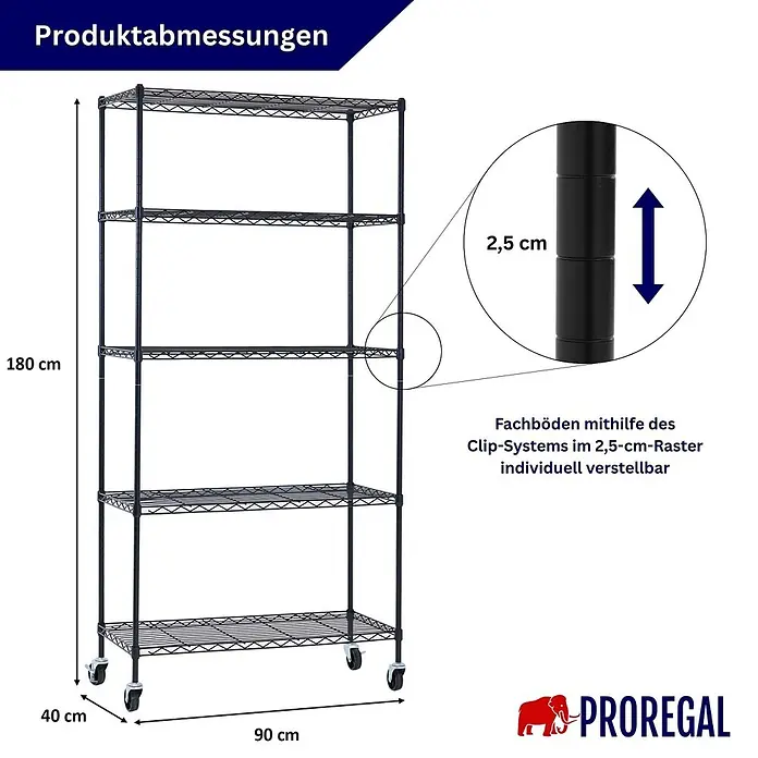 Proregal Metallregal Gitterregal HADES mit Rollen - H x B x T: 180 x 90 x 40 cm, Traglast pro Boden: 75 kg, Anzahl Böden: 5 Stk., Stecken, Schwarz - Schwarzes Drahtregal auf Rollen mit 5 verstellbaren Böden, höhenverstellbar in 2,5-cm-Schritten.