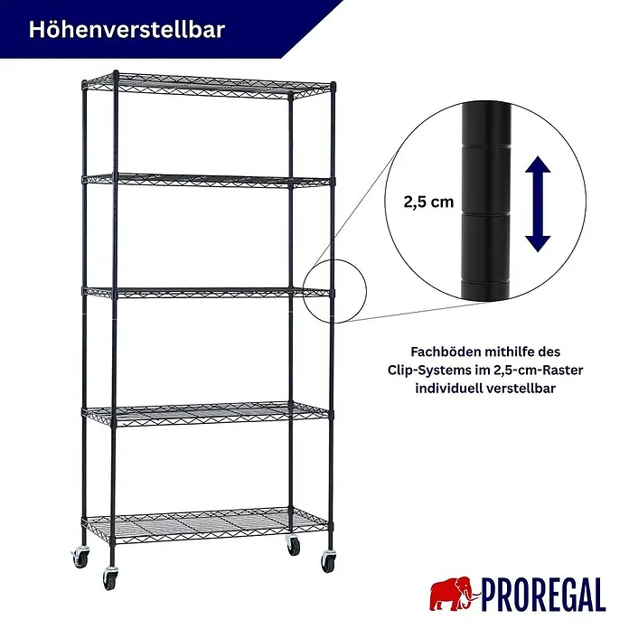 Proregal Metallregal 3er Set Gitterregal HADES mit Rollen - H x B x T: 180 x 90 x 40 cm, Traglast pro Boden: 75 kg, Anzahl Böden: 5 Stk., Stecken, Schwarz - Schwarzes Drahtregal auf Rollen mit individuell höhenverstellbaren Böden im 2,5-cm-Raster.