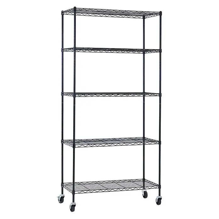 Proregal Metallregal Gitterregal HADES mit Rollen - H x B x T: 180 x 90 x 40 cm, Traglast pro Boden: 75 kg, Anzahl Böden: 5 Stk., Stecken, Schwarz - Schwarzes Metall-Drahtregal mit fünf verstellbaren Böden und Rollen.