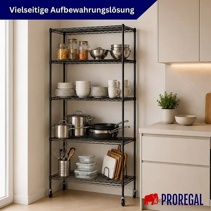 Proregal Metallregal 3er Set Gitterregal HADES mit Rollen - H x B x T: 180 x 90 x 40 cm, Traglast pro Boden: 75 kg, Anzahl Böden: 5 Stk., Stecken, Schwarz - Schwarzes Drahtregal auf Rollen, ideal zur vielseitigen Aufbewahrung von Küchenutensilien und Geschirr in der Küche.