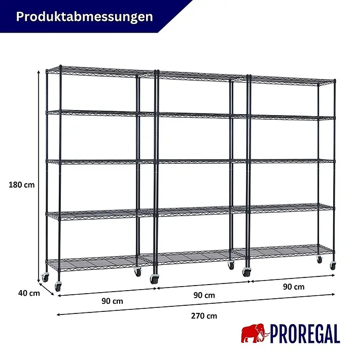 Proregal Metallregal 3er Set Gitterregal HADES mit Rollen - H x B x T: 180 x 90 x 40 cm, Traglast pro Boden: 75 kg, Anzahl Böden: 5 Stk., Stecken, Schwarz - Schwarzes Metall-Drahtregal, 5-stufig und 3 Sektionen breit, auf Rollen. H180xL270xT40 cm.