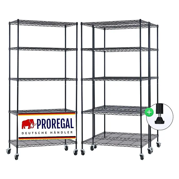 Proregal Metallregal 3er Set Gitterregal HADES mit Rollen - H x B x T: 180 x 90 x 40 cm, Traglast pro Boden: 75 kg, Anzahl Böden: 5 Stk., Stecken, Schwarz - Zwei schwarze Drahtregale, eines mit Rollen, eines mit Nivellierfüßen.