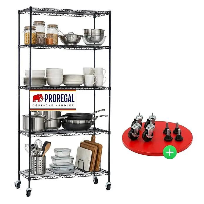 Proregal Metallregal Gitterregal HADES mit Rollen - H x B x T: 180 x 90 x 40 cm, Traglast pro Boden: 75 kg, Anzahl Böden: 5 Stk., Stecken, Schwarz - Schwarzes 5-stöckiges Drahtregal für die Küche, mit Rollen und verstellbaren Nivellierfüßen.