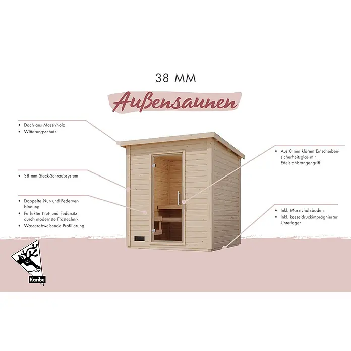 Karibu Saunahaus Kaapi 3 - Ohne Ofen, Terragrau, L x B x H: 196 x 196 x 228 cm - Leichte Holz-Außensauna mit 38mm dicken Wänden, Glastür mit Edelstahlgriff, Massivholzdach und Wetterschutzfunktionen.