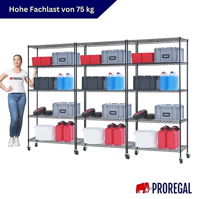 Proregal Metallregal 3er Set Gitterregal HADES mit Rollen - H x B x T: 180 x 90 x 40 cm, Traglast pro Boden: 75 kg, Anzahl Böden: 5 Stk., Stecken, Schwarz - Großes schwarzes Drahtregal mit Rollen, mehrstufig, mit Frau zur Größenansicht, betont 75 kg Fachlast.