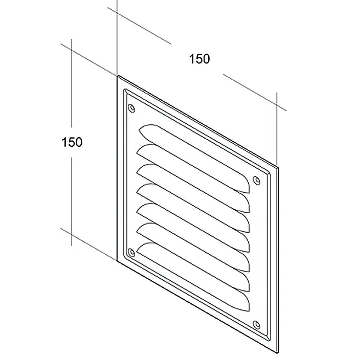 Air-Circle Abdeckgitter - Aluminium, B x H: 15 x 15 cm - Eine schematische Darstellung eines quadratischen Lüftungsgitters mit Lamellen und den Maßen 150 x 150 mm.
