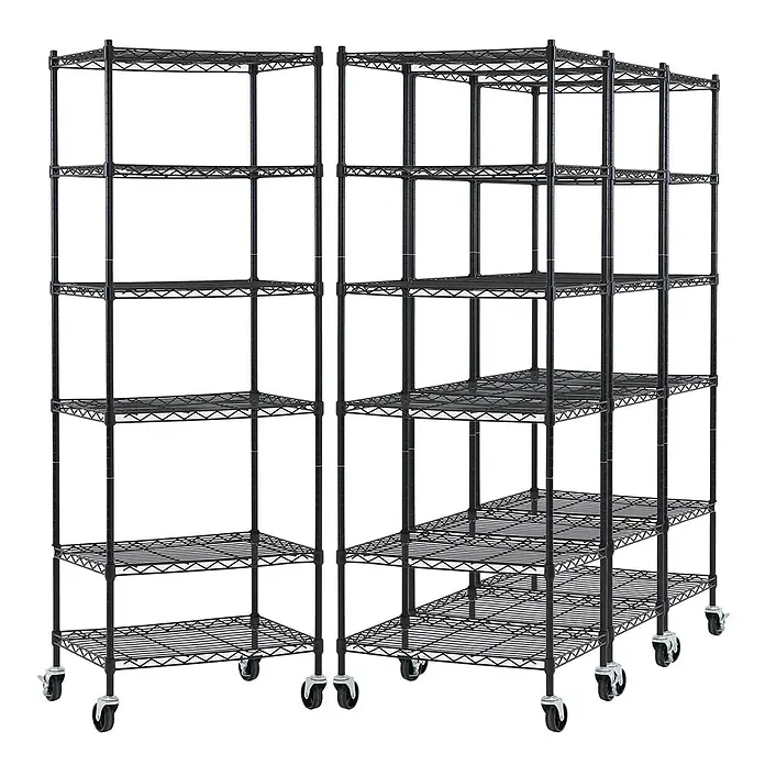 Proregal Metallregal 4er Set Gitterregal HADES mit Rollen - H x B x T: 160 x 60 x 40 cm, Traglast pro Boden: 75 kg, Anzahl Böden: 6 Stk., Stecken, Schwarz - Zwei schwarze Drahtregaleinheiten aus Metall, teils mit Rollen, bieten vielseitigen Stauraum.