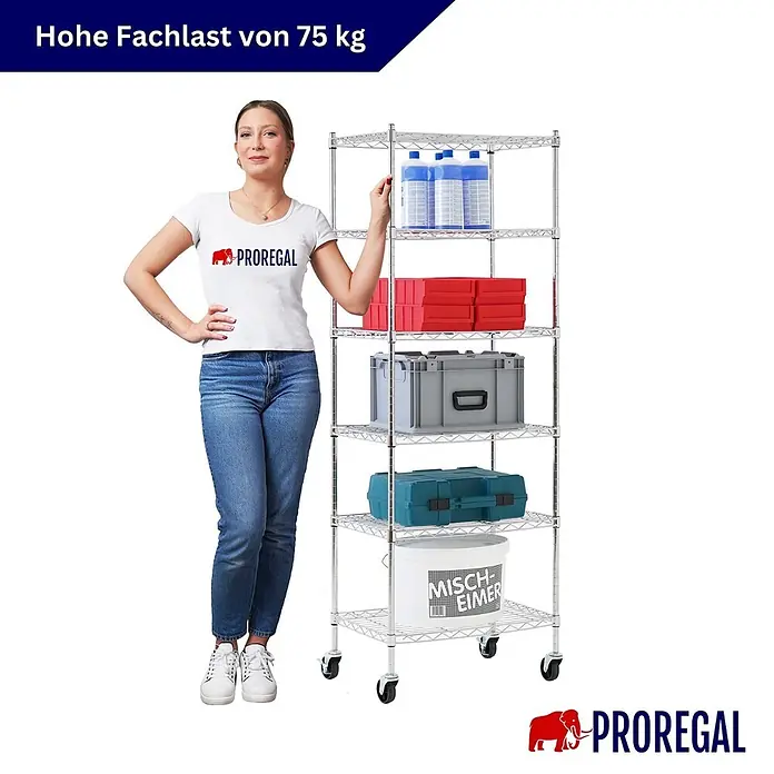 Proregal Metallregal Gitterregal HADES mit Rollen - H x B x T: 160 x 60 x 40 cm, Traglast pro Boden: 75 kg, Anzahl Böden: 6 Stk., Stecken, Chrom Silber - Robustes Chrom-Drahtregal auf Rollen, mit Person zur Skalierung und beladen mit verschiedenen Artikeln, betont 75 kg Fachlast.