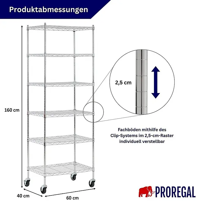 Proregal Metallregal Gitterregal HADES mit Rollen - H x B x T: 160 x 60 x 40 cm, Traglast pro Boden: 75 kg, Anzahl Böden: 6 Stk., Stecken, Chrom Silber - Verchromtes Metallregal auf Rollen mit 6 Einlegeböden. Die Höhe der Böden ist in 2,5-cm-Schritten verstellbar.