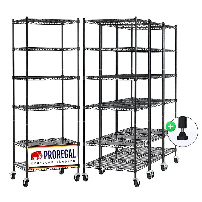 Proregal Metallregal 4er Set Gitterregal HADES mit Rollen - H x B x T: 160 x 60 x 40 cm, Traglast pro Boden: 75 kg, Anzahl Böden: 6 Stk., Stecken, Schwarz - Zwei schwarze Drahtregaleinheiten mit mehreren Böden und Rollen, mit einer Option für verstellbare Füße.