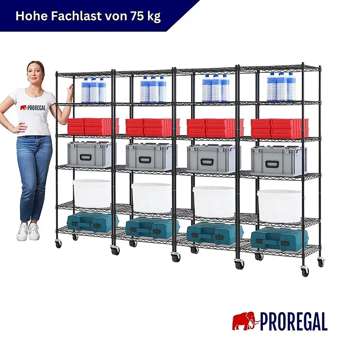 Proregal Metallregal 4er Set Gitterregal HADES mit Rollen - H x B x T: 160 x 60 x 40 cm, Traglast pro Boden: 75 kg, Anzahl Böden: 6 Stk., Stecken, Schwarz - Schwarzes Metallregal auf Rollen mit mehreren Fächern, gefüllt mit farbigen Behältern. Eine Frau steht daneben.
