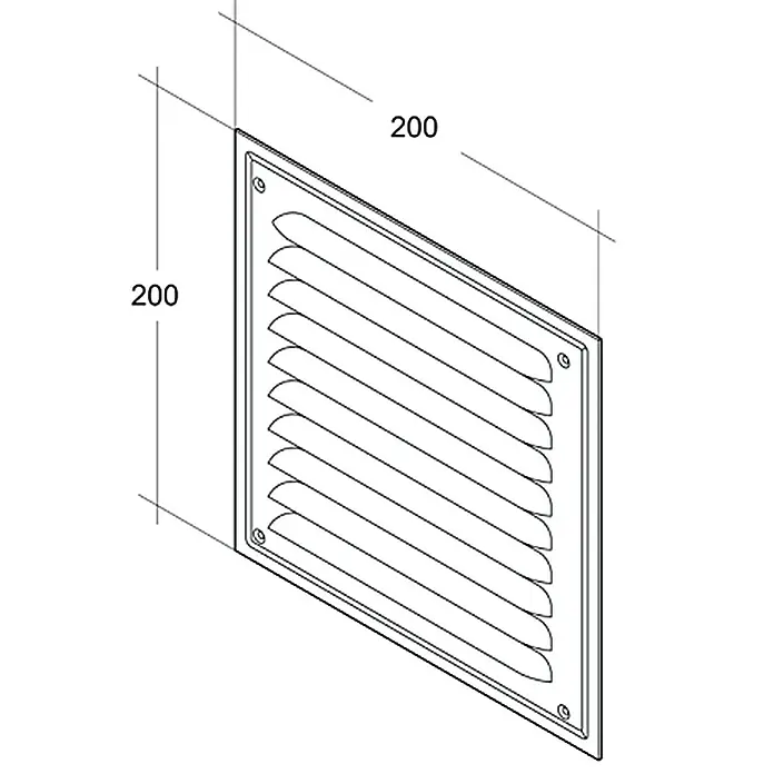 Air-Circle Abdeckgitter - Aluminium, B x H: 20 x 20 cm - Schemazeichnung eines quadratischen Lüftungsgitters mit Lamellen und den Maßen 200x200 mm.