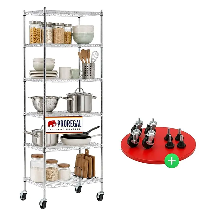 Proregal Metallregal Gitterregal HADES mit Rollen - H x B x T: 160 x 60 x 40 cm, Traglast pro Boden: 75 kg, Anzahl Böden: 6 Stk., Stecken, Chrom Silber - Chromdrahtregal mit Küchenutensilien, inklusive Rollen und Nivellierfüßen.