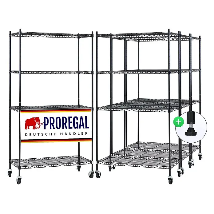 Proregal Metallregal 4er Set Gitterregal HADES mit Rollen - H x B x T: 160 x 90 x 40 cm, Traglast pro Boden: 75 kg, Anzahl Böden: 4 Stk., Stecken, Schwarz - Schwarzes L-förmiges Drahtregal mit Rollen und verstellbaren Nivellierfüßen.