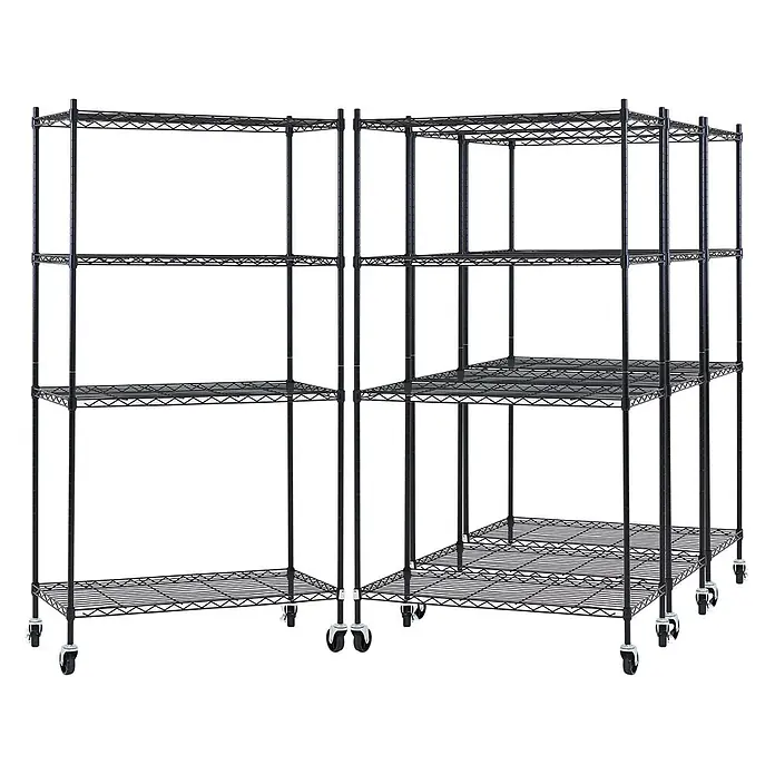 Proregal Metallregal 4er Set Gitterregal HADES mit Rollen - H x B x T: 160 x 90 x 40 cm, Traglast pro Boden: 75 kg, Anzahl Böden: 4 Stk., Stecken, Schwarz - Schwarzes Metall-Eckregal aus Draht mit mehreren Böden und Rollen für Mobilität.