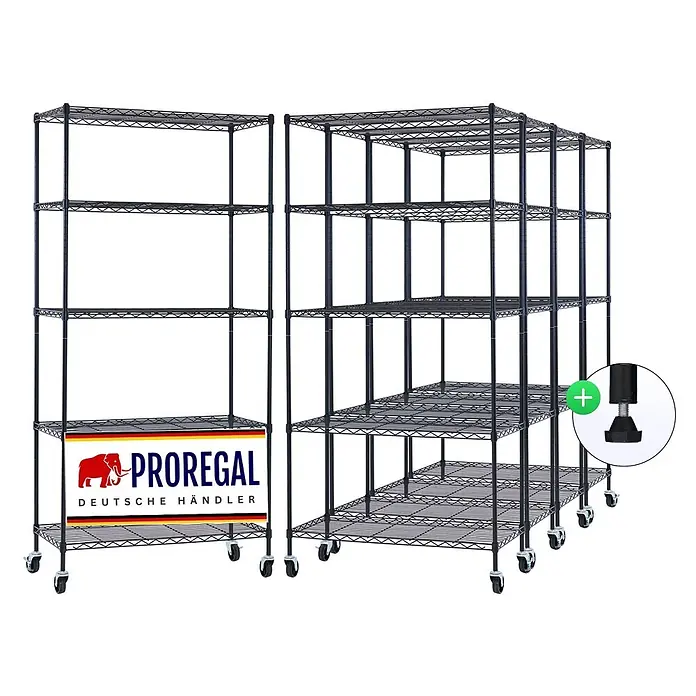 Proregal Metallregal 5er Set Gitterregal HADES mit Rollen - H x B x T: 180 x 90 x 40 cm, Traglast pro Boden: 75 kg, Anzahl Böden: 5 Stk., Stecken, Schwarz - Schwarzes PROREGAL Metallgitterregal mit mehreren Böden, Rollen für Mobilität und optionalen verstellbaren Füßen.