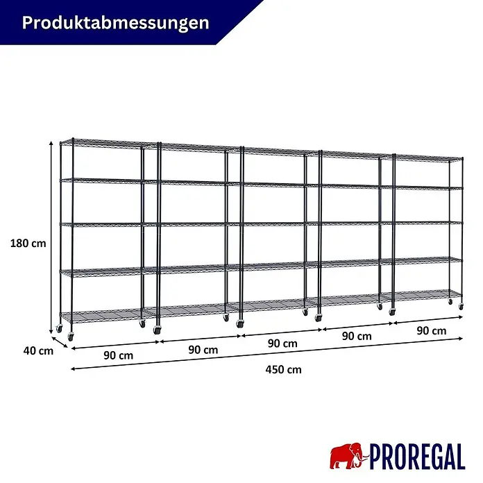 Proregal Metallregal 5er Set Gitterregal HADES mit Rollen - H x B x T: 180 x 90 x 40 cm, Traglast pro Boden: 75 kg, Anzahl Böden: 5 Stk., Stecken, Schwarz - Mehrteiliges schwarzes Metallregal auf Rollen, 180x40x450 cm.