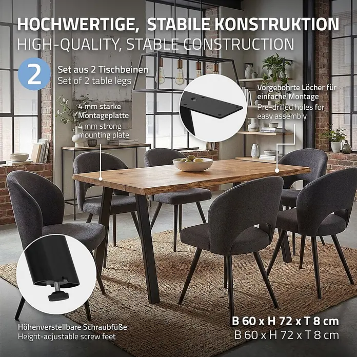 ML-Design Tischgestell Tischfüße A-Form Tischkufen Stahl Untergestell Möbelfüße 60x72 cm Oval - L x B x H: 60 x 8 x 72 cm, Traglast: 300 kg, Stahl - Schwarze Metall-Tischbeine (2er-Set) mit 4mm Montageplatte, vorgebohrten Löchern und höhenverstellbaren Füßen. Als Teil eines Esstisches gezeigt.