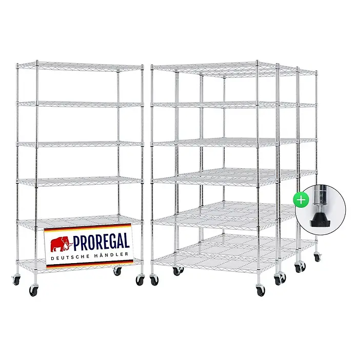 Proregal Metallregal 4er Set Gitterregal HADES mit Rollen - H x B x T: 160 x 90 x 40 cm, Traglast pro Boden: 75 kg, Anzahl Böden: 6 Stk., Stecken, Chrom Silber - Zwei verchromte Drahtregale auf Rollen, eines mit 6, das andere eine 3-teilige Ecklösung mit 5 Fachböden, zeigt Stellfüße und PROREGAL Logo.