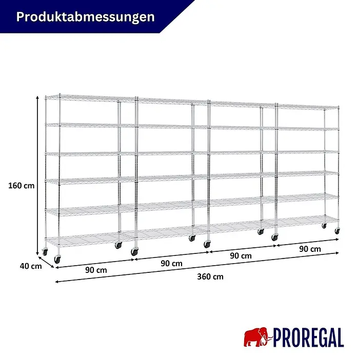 Proregal Metallregal 4er Set Gitterregal HADES mit Rollen - H x B x T: 160 x 90 x 40 cm, Traglast pro Boden: 75 kg, Anzahl Böden: 6 Stk., Stecken, Chrom Silber - Chrom-Drahtregalsystem auf Rollen mit 5 Böden, 160x360x40 cm (HxBxT).