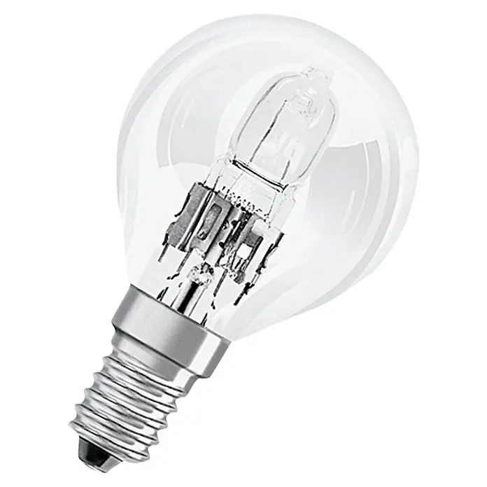 Osram Bombilla halógena incandescente Eco Superstar Classic P - E14, 30 W, 230 V, Blanco cálido, 1 ud. - Bombilla de vidrio transparente con base plateada, colocada en ángulo sobre una superficie blanca.