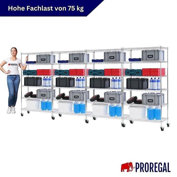 Proregal Metallregal 4er Set Gitterregal HADES mit Rollen - H x B x T: 160 x 90 x 40 cm, Traglast pro Boden: 75 kg, Anzahl Böden: 6 Stk., Stecken, Chrom Silber - Verchromtes Metallregal auf Rollen, mit vielen Fächern voller Lagerartikel. Frau zur Größenreferenz. Max. Last 75 kg/Boden.