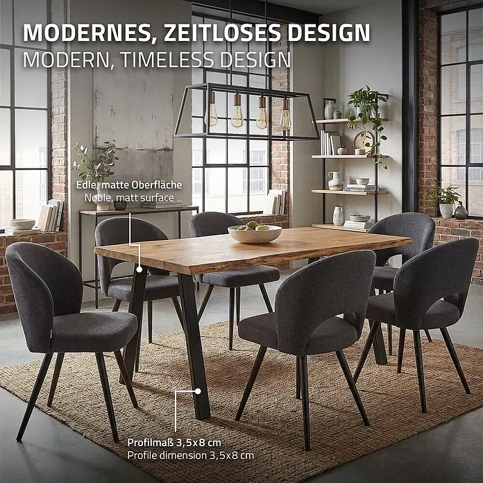 ML-Design Tischgestell Tischfüße A-Form Tischkufen Stahl Untergestell Möbelfüße 60x72 cm Oval - L x B x H: 60 x 8 x 72 cm, Traglast: 300 kg, Stahl - Moderner Esstisch mit Massivholzplatte und dunklen Metallbeinen, umgeben von dunkelgrauen Polsterstühlen in einem Esszimmer im Industriestil.