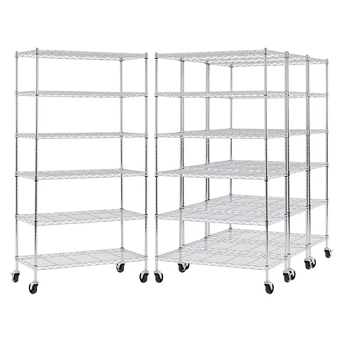 Proregal Metallregal 4er Set Gitterregal HADES mit Rollen - H x B x T: 160 x 90 x 40 cm, Traglast pro Boden: 75 kg, Anzahl Böden: 6 Stk., Stecken, Chrom Silber - Zwei verchromte Drahtregaleinheiten auf Rollen, L-förmig angeordnet zur Lagerung.