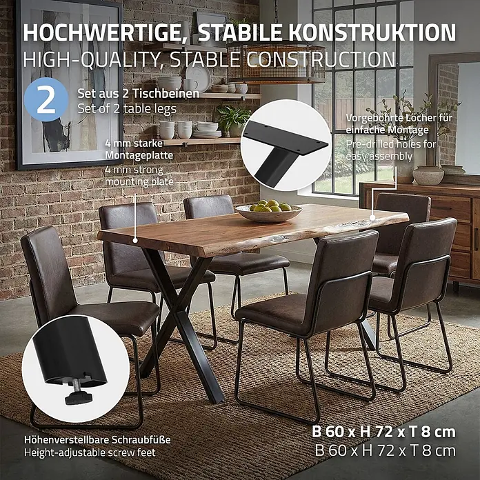 ML-Design Tischgestell Tischfüße X-Form Tischkufen Stahl Untergestell Möbelfüße 60x72cm Flach - Traglast: 300 kg, Stahl - Schwarze X-förmige Metall-Tischbeine mit starker Montageplatte, vorgebohrten Löchern und höhenverstellbaren Füßen für stabile Montage.