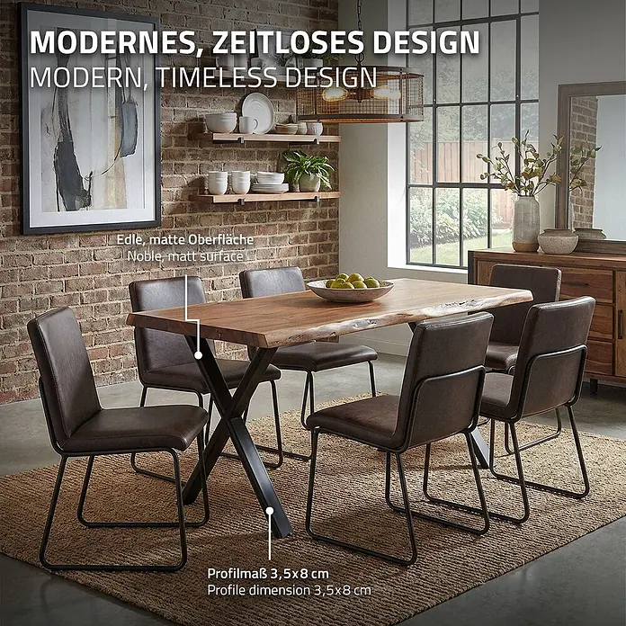 ML-Design Tischgestell Tischfüße X-Form Tischkufen Stahl Untergestell Möbelfüße 60x72cm Flach - Traglast: 300 kg, Stahl - Holztisch mit natürlicher Kante und Metallbeinen, dazu braune Stühle auf einem Teppich in einem Esszimmer.