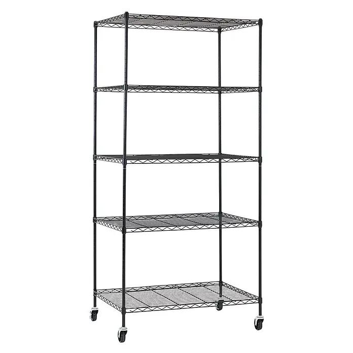Proregal Metallregal Gitterregal HADES mit Rollen - H x B x T: 180 x 90 x 60 cm, Traglast pro Boden: 75 kg, Anzahl Böden: 5 Stk., Stecken, Schwarz - Schwarzes 5-stöckiges Drahtregal auf Rollen für Lagerung und Mobilität.