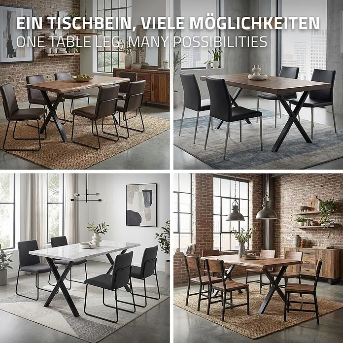 ML-Design Tischgestell Tischfüße X-Form Tischkufen Stahl Untergestell Möbelfüße 60x72cm Flach - Traglast: 300 kg, Stahl - Vier Esstische mit schwarzem X-förmigem Metallgestell in verschiedenen Esszimmereinrichtungen, die Vielseitigkeit mit unterschiedlichen Platten und Stühlen zeigen.