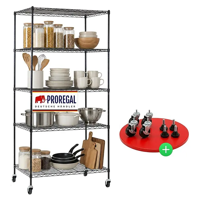 Proregal Metallregal Gitterregal HADES mit Rollen - H x B x T: 180 x 90 x 60 cm, Traglast pro Boden: 75 kg, Anzahl Böden: 5 Stk., Stecken, Schwarz - Schwarzes Metallregal mit 5 Ablagen, mit Küchenutensilien bestückt, plus Rollen und Nivellierfüßen für vielseitigen Einsatz.