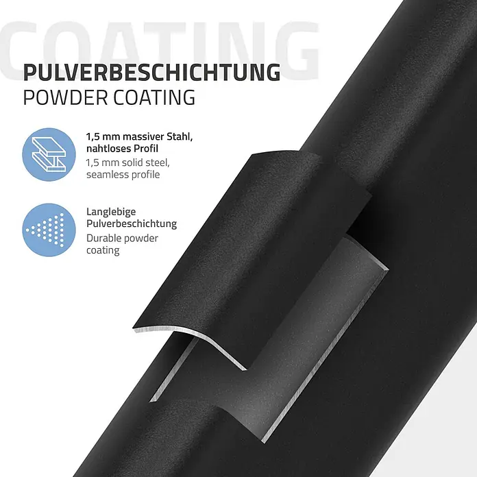 ML-Design Tischgestell Tischfüße X-Form Tischkufen Stahl Untergestell Möbelfüße 60x72cm Flach - Traglast: 300 kg, Stahl - Schnittansicht eines schwarz pulverbeschichteten 1,5 mm starken Stahlprofils, das die robuste Beschichtung zeigt.