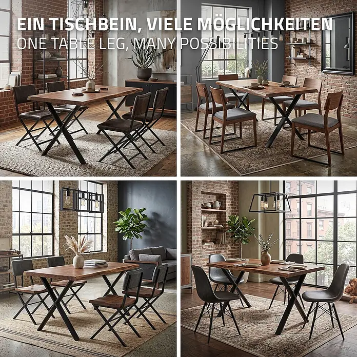 ML-Design Tischgestell Tischfüße X-Form Tischkufen Stahl Untergestell Möbelfüße 60x72 cm Oval - Traglast: 300 kg, Stahl - Esstisch mit Baumkante-Holzplatte und schwarzen X-förmigen Metallbeinen, in verschiedenen Esszimmern gezeigt.