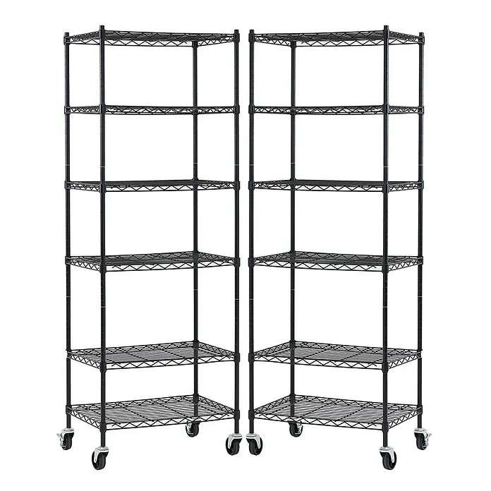 Proregal Metallregal 2er Set Gitterregal HADES mit Rollen - H x B x T: 160 x 60 x 40 cm, Traglast pro Boden: 75 kg, Anzahl Böden: 6 Stk., Stecken, Schwarz - Zwei schwarze mehrstufige Drahtregale auf Rollen.