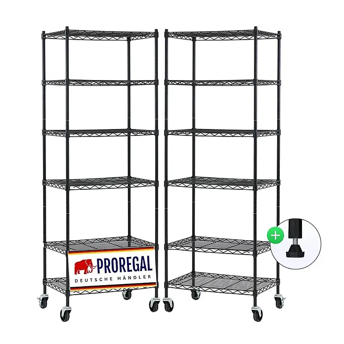 Proregal Metallregal 2er Set Gitterregal HADES mit Rollen - H x B x T: 160 x 60 x 40 cm, Traglast pro Boden: 75 kg, Anzahl Böden: 6 Stk., Stecken, Schwarz - Zwei schwarze Drahtregaleinheiten mit mehreren Böden, ausgestattet mit Rollen und einer Option für verstellbare Füße.