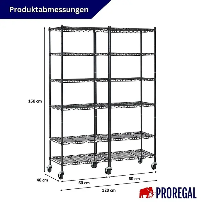 Proregal Metallregal 2er Set Gitterregal HADES mit Rollen - H x B x T: 160 x 60 x 40 cm, Traglast pro Boden: 75 kg, Anzahl Böden: 6 Stk., Stecken, Schwarz - Schwarzes Metallregal auf Rollen mit 5 Ebenen, 160x120x40 cm.