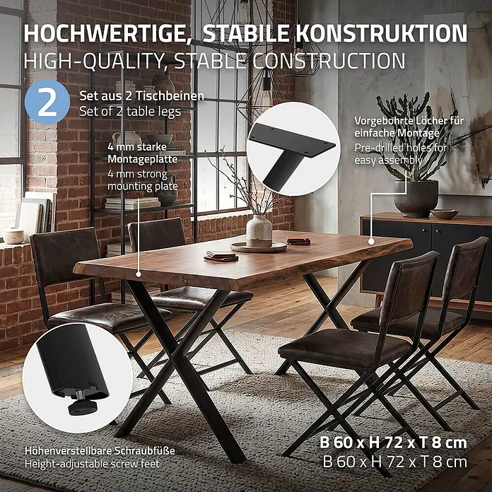ML-Design Tischgestell Tischfüße X-Form Tischkufen Stahl Untergestell Möbelfüße 60x72 cm Oval - Traglast: 300 kg, Stahl - Schwarze Metall-X-Tischbeine mit höhenverstellbaren Füßen und vorgebohrten Montageplatten, die eine rustikale Holzplatte tragen.