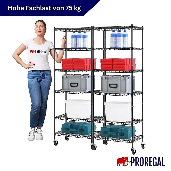 Proregal Metallregal 2er Set Gitterregal HADES mit Rollen - H x B x T: 160 x 60 x 40 cm, Traglast pro Boden: 75 kg, Anzahl Böden: 6 Stk., Stecken, Schwarz - Schwarzes Drahtregal aus Metall auf Rollen, mit verschiedenen Aufbewahrungsartikeln. Eine Frau daneben zeigt die Größe.