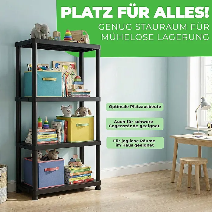 Ondis24 Kunststoffregal - H x B x T: 131 x 60 x 30 cm, Traglast pro Boden: 20 kg, Anzahl Böden: 4 Stk., Stecken, Anthrazit - Schwarzes Kunststoffregal mit Büchern, Spielzeug und Aufbewahrungsboxen in einem Kinderzimmer.