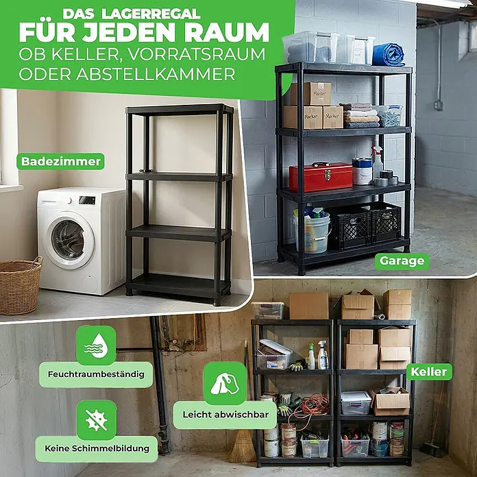 Ondis24 Kunststoffregal - H x B x T: 131 x 60 x 30 cm, Traglast pro Boden: 20 kg, Anzahl Böden: 4 Stk., Stecken, Anthrazit - Vielseitiges schwarzes Kunststoff-Lagerregal für Keller, Vorratsraum und Abstellkammer.