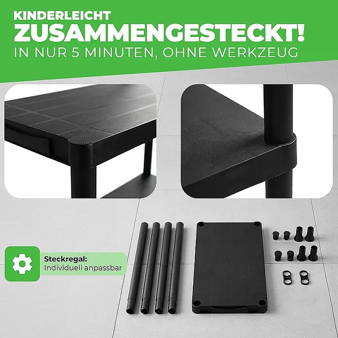 Ondis24 Kunststoffregal - H x B x T: 131 x 60 x 30 cm, Traglast pro Boden: 20 kg, Anzahl Böden: 4 Stk., Stecken, Anthrazit - Schwarzes Kunststoff-Steckregal, Montage und Einzelteile gezeigt. Werkzeuglose, einfache Montage, individuell anpassbar.